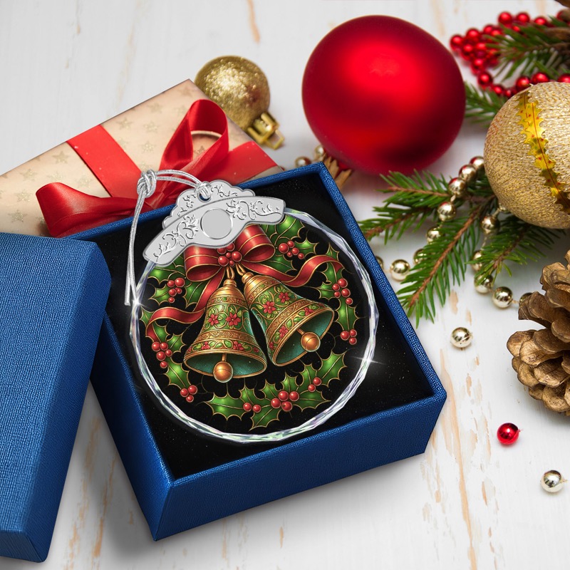 Christmas Bells & Holly - Crystal Ornament