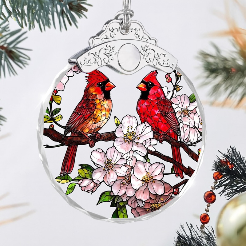 Red Cardinals & Cherry Blossoms - Crystal Ornament